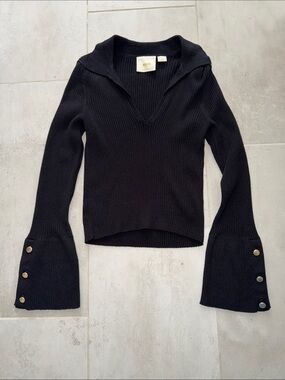 Maeve Ribbed Knit Top with Buttoned Bell Sleeves